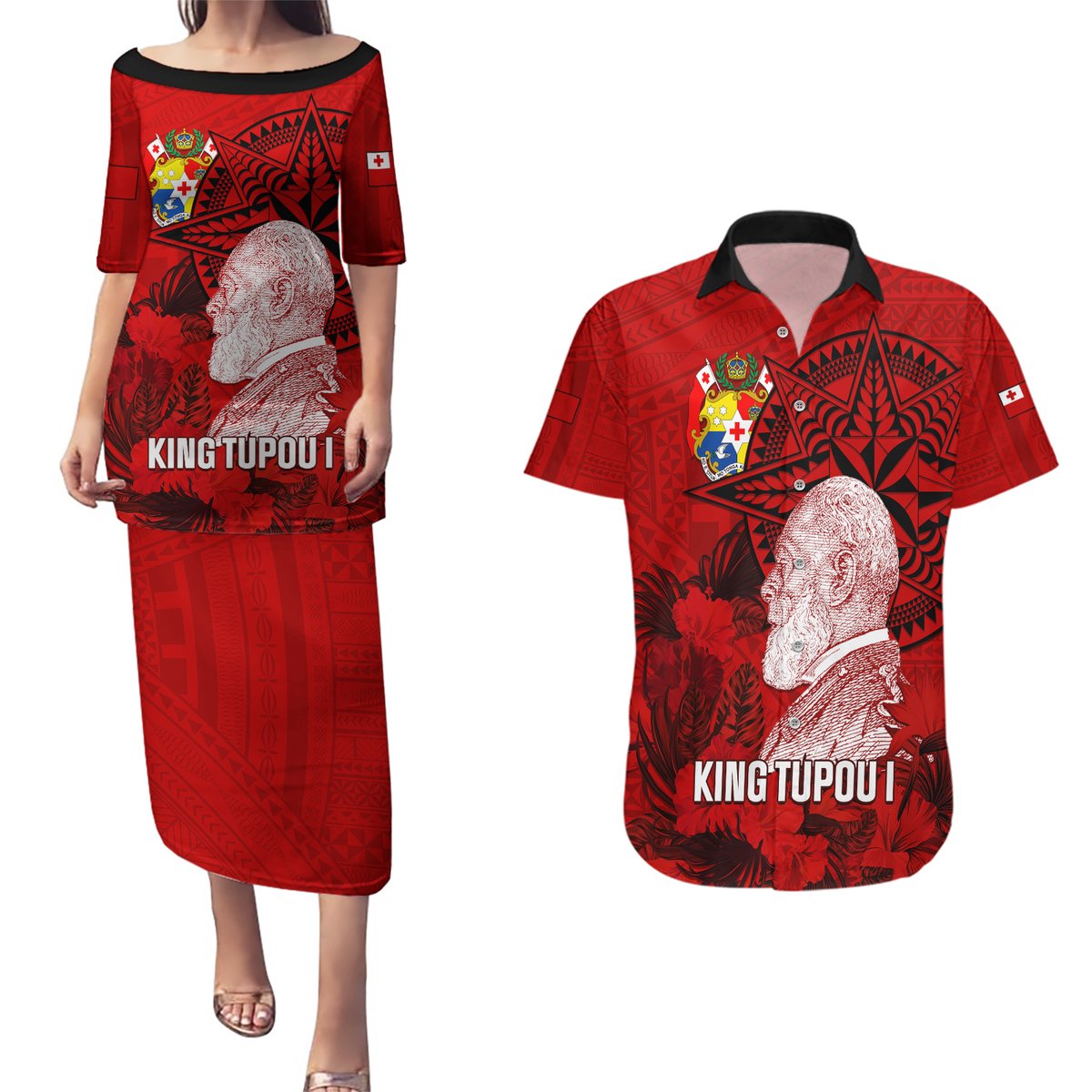 Personalized Tonga King Tupou I Day Couples Matching Puletasi Dress and Hawaiian Shirt Tropical Flowers With Ngatu Pattern LT05 Red - Polynesian Pride