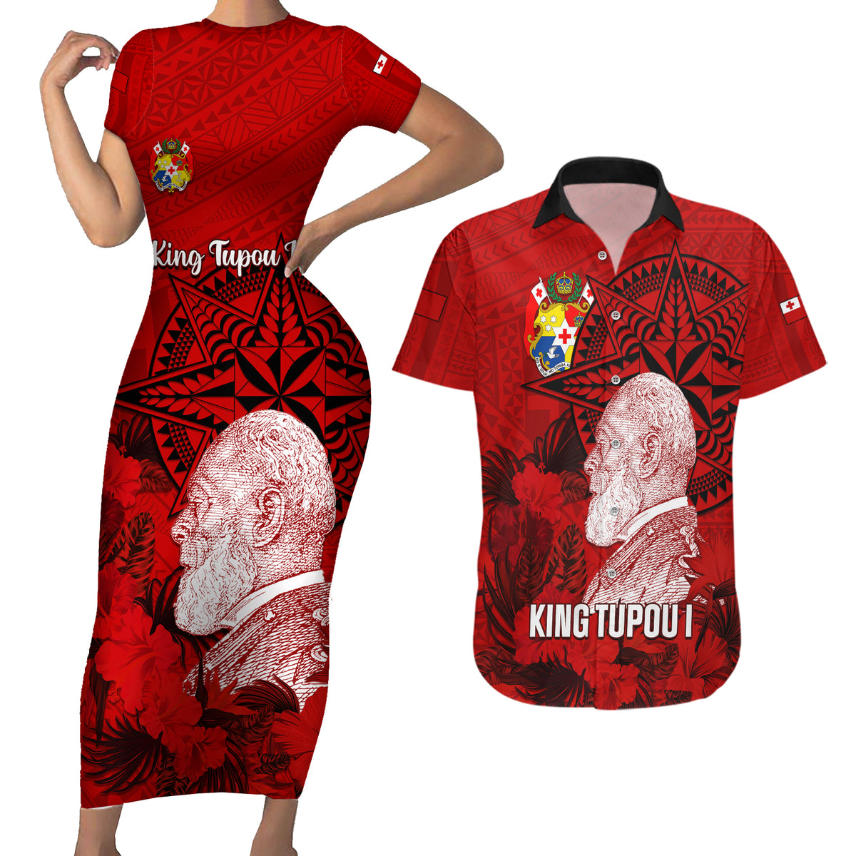 Personalized Tonga King Tupou I Day Couples Matching Short Sleeve Bodycon Dress and Hawaiian Shirt Tropical Flowers With Ngatu Pattern LT05 Red - Polynesian Pride