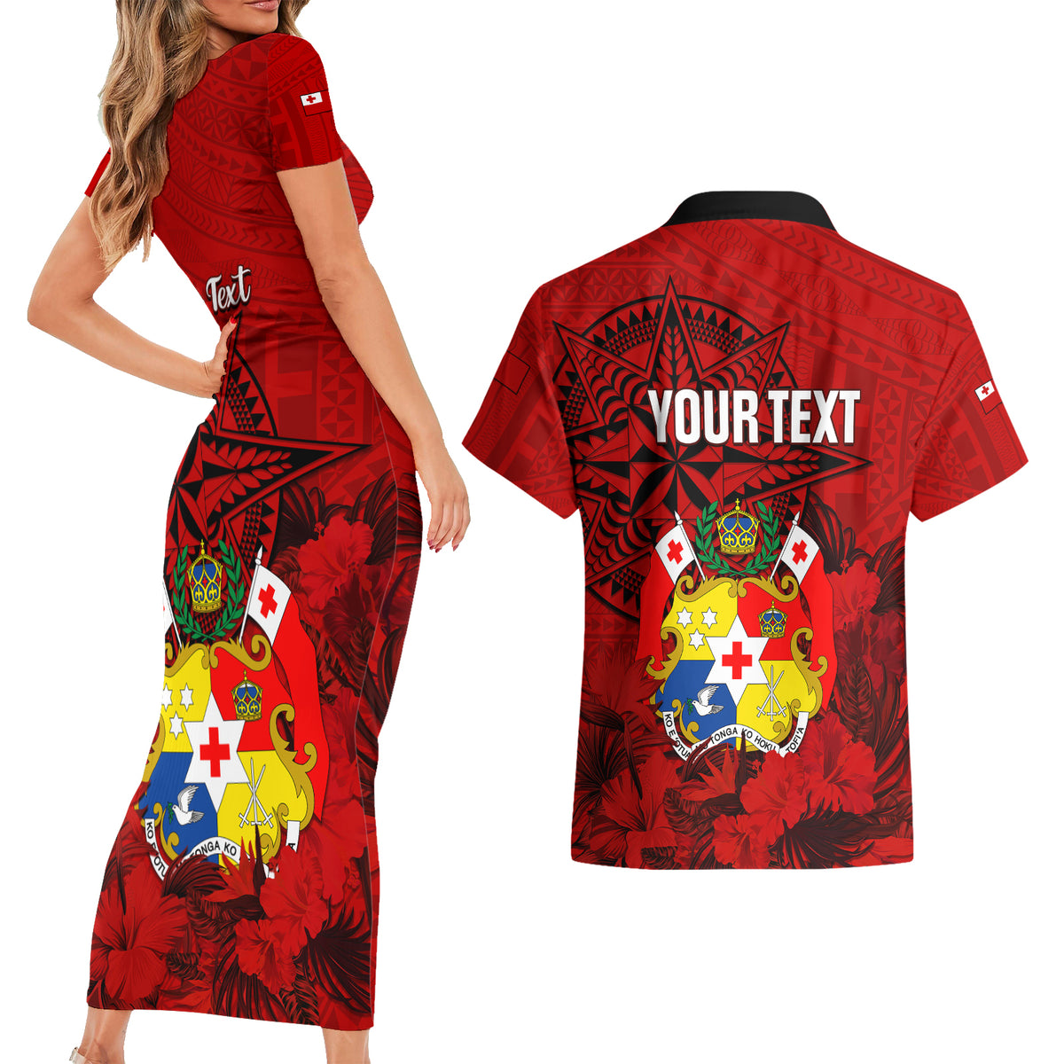 Personalized Tonga King Tupou I Day Couples Matching Short Sleeve Bodycon Dress and Hawaiian Shirt Tropical Flowers With Ngatu Pattern LT05 - Polynesian Pride