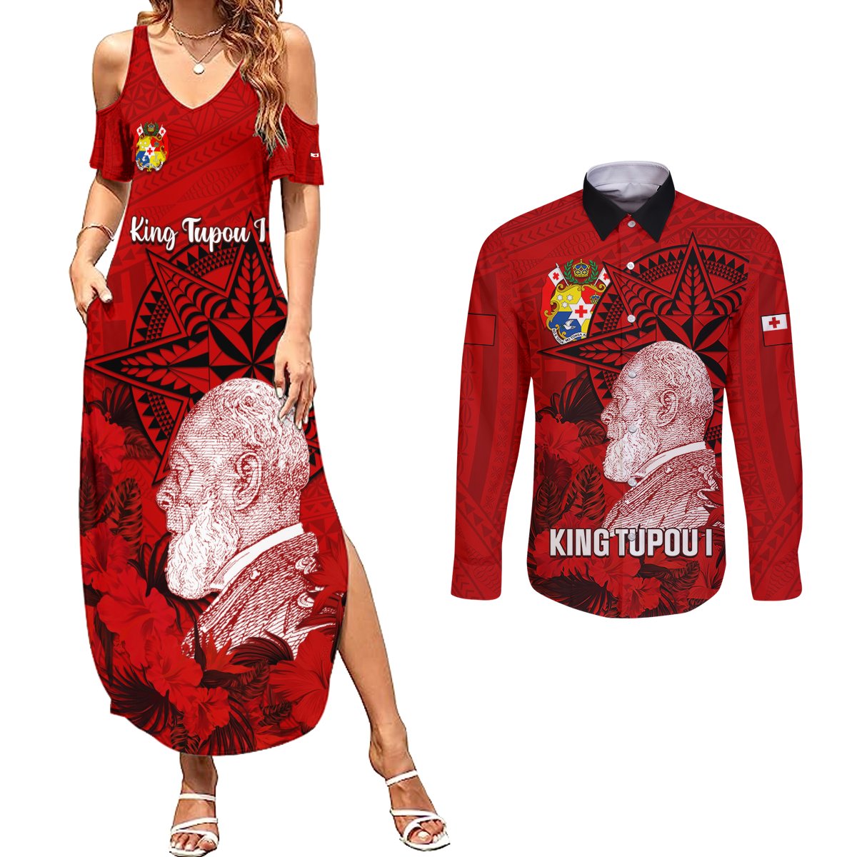personalized-tonga-king-tupou-i-day-couples-matching-summer-maxi-dress-and-long-sleeve-button-shirts-tropical-flowers-with-ngatu-pattern