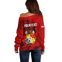 Personalized Tonga King Tupou I Day Off Shoulder Sweater Tropical Flowers With Ngatu Pattern LT05 - Polynesian Pride