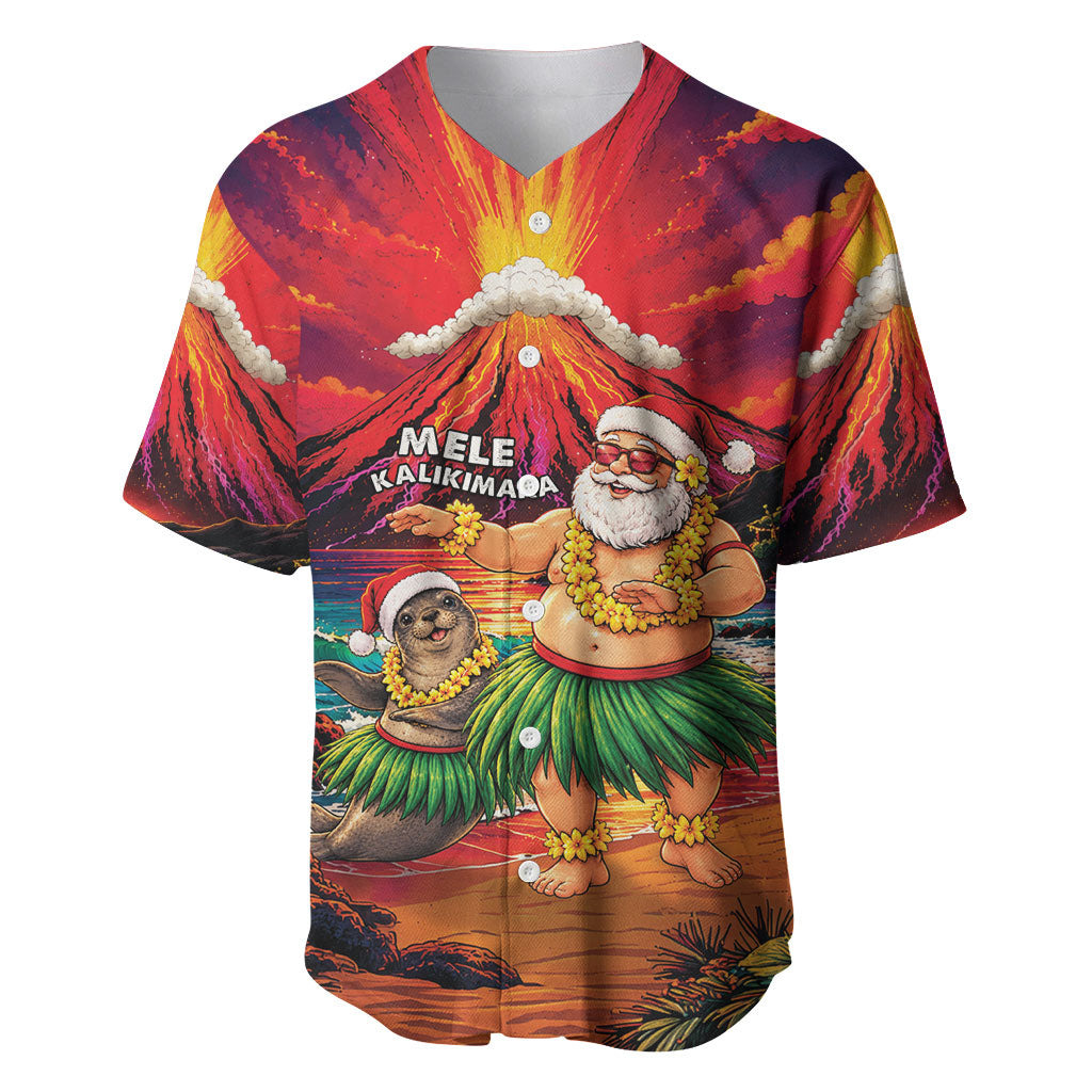 Hawaii Volcano Christmas Baseball Jersey Hula Santa And Monk Seal LT05 Multicolor - Polynesian Pride