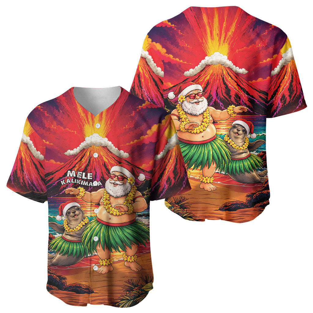 Hawaii Volcano Christmas Baseball Jersey Hula Santa And Monk Seal LT05 - Polynesian Pride