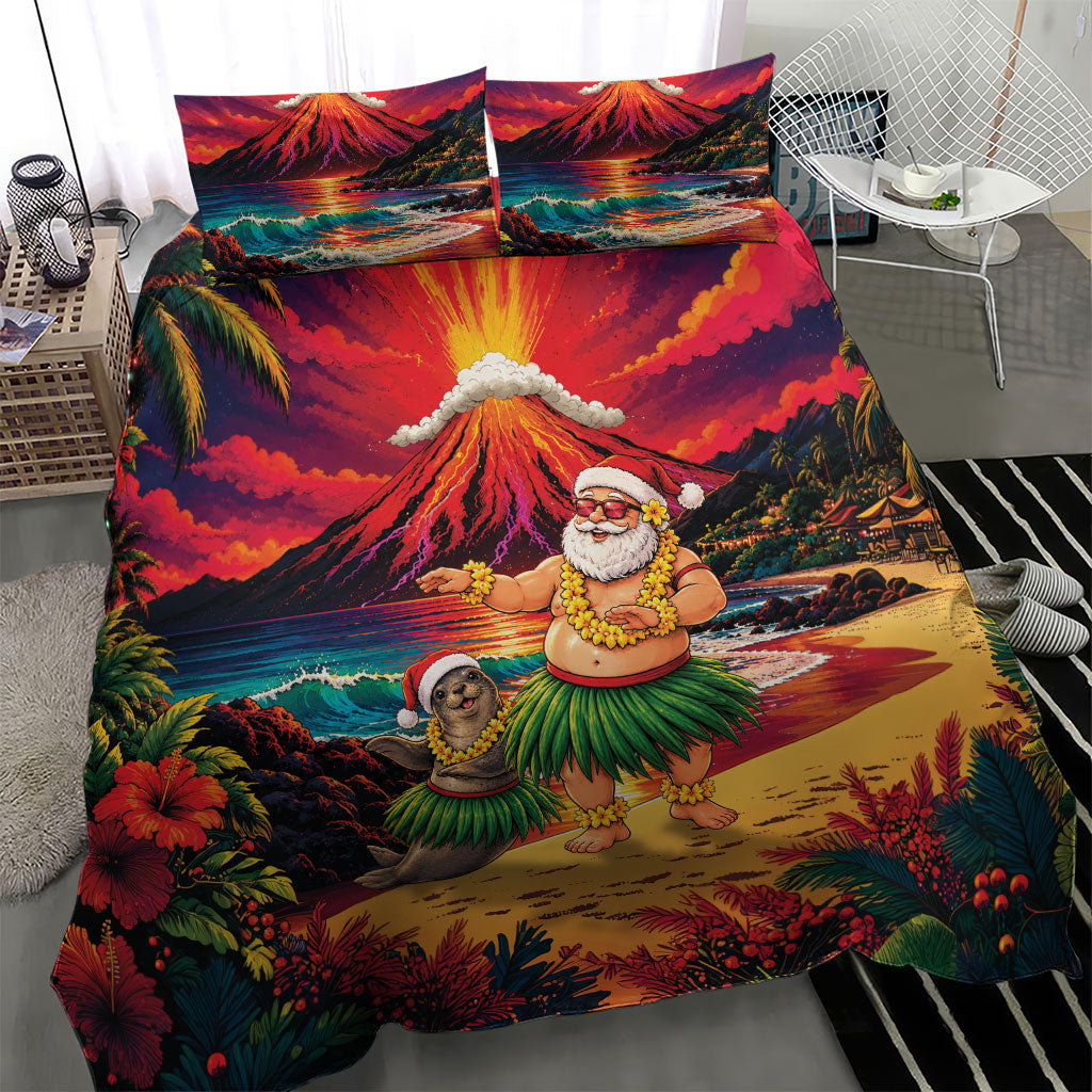 Hawaii Volcano Christmas Bedding Set Hula Santa And Monk Seal LT05 - Polynesian Pride