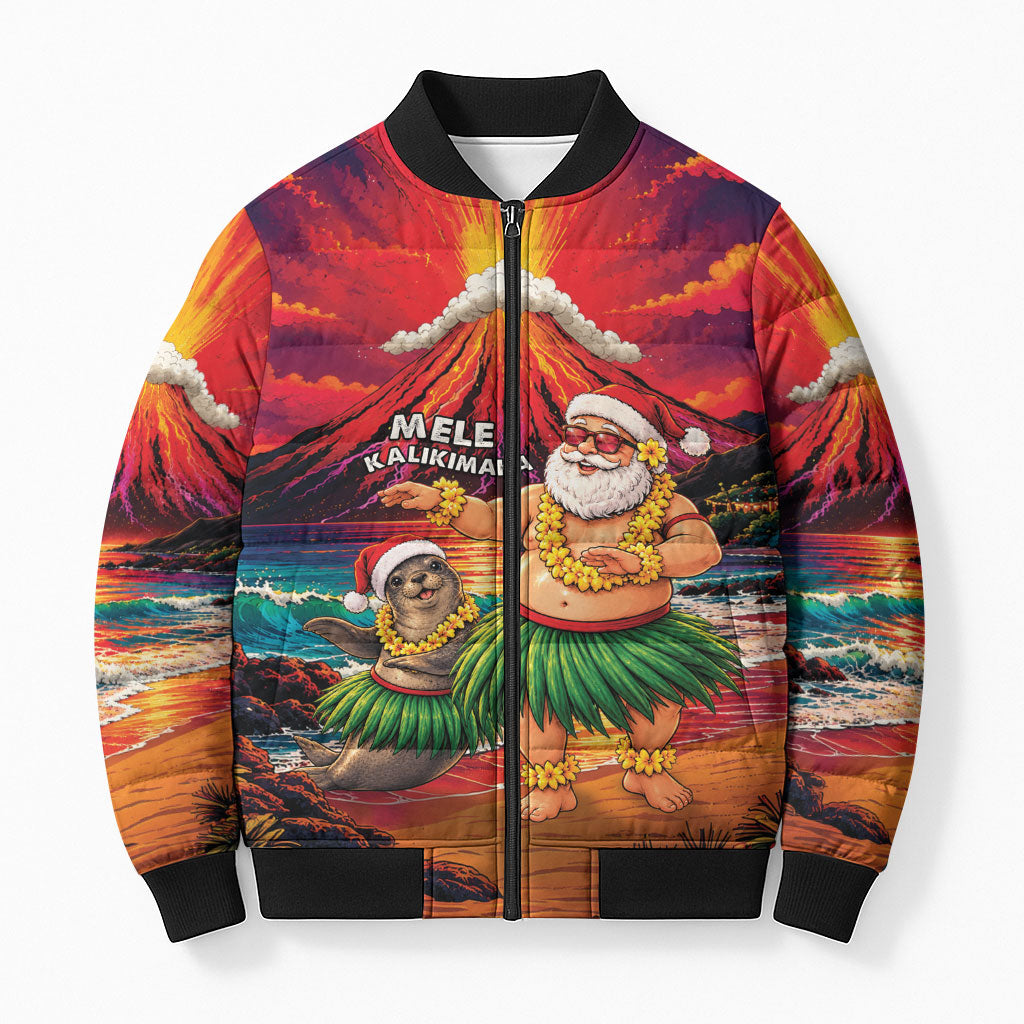 Hawaii Volcano Christmas Bomber Puffer Jacket Hula Santa And Monk Seal LT05 Unisex Multicolor - Polynesian Pride