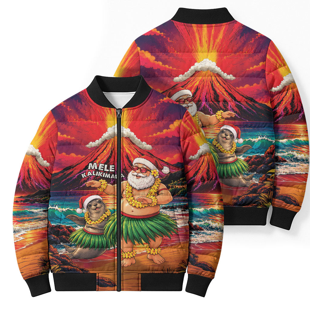 Hawaii Volcano Christmas Bomber Puffer Jacket Hula Santa And Monk Seal LT05 - Polynesian Pride