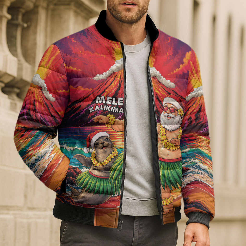 Hawaii Volcano Christmas Bomber Puffer Jacket Hula Santa And Monk Seal LT05 - Polynesian Pride