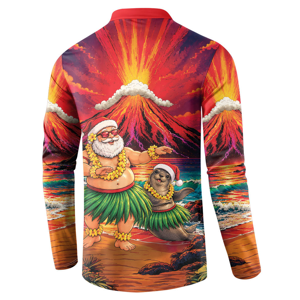 Hawaii Volcano Christmas Button Sweatshirt Hula Santa And Monk Seal LT05 - Polynesian Pride
