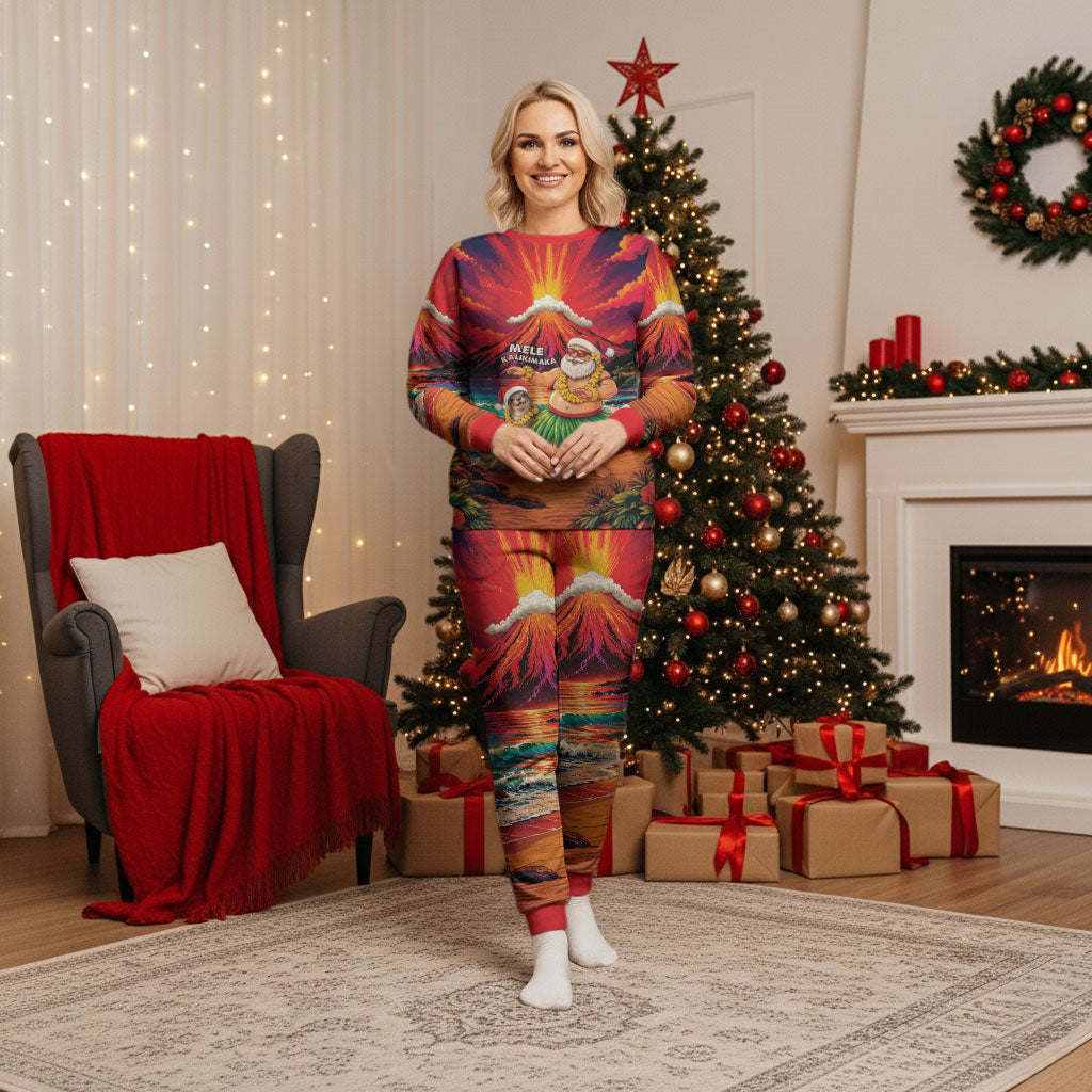 Hawaii Volcano Christmas Pajama Set Hula Santa And Monk Seal LT05 Women Multicolor - Polynesian Pride