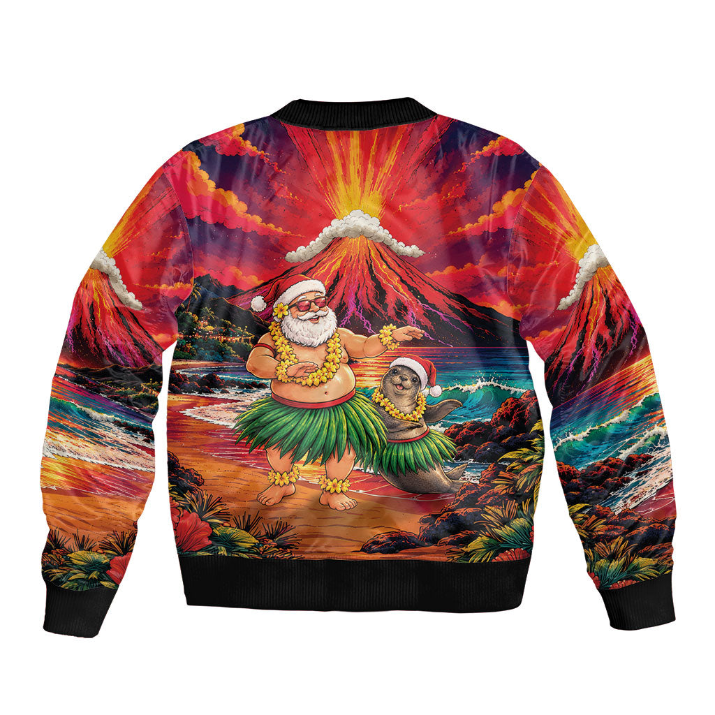 Hawaii Volcano Christmas Sleeve Zip Bomber Jacket Hula Santa And Monk Seal LT05 - Polynesian Pride