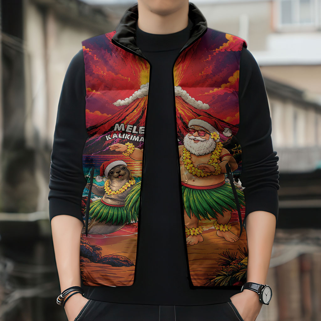 Hawaii Volcano Christmas Sleeveless Puffer Jacket Hula Santa And Monk Seal LT05 - Polynesian Pride