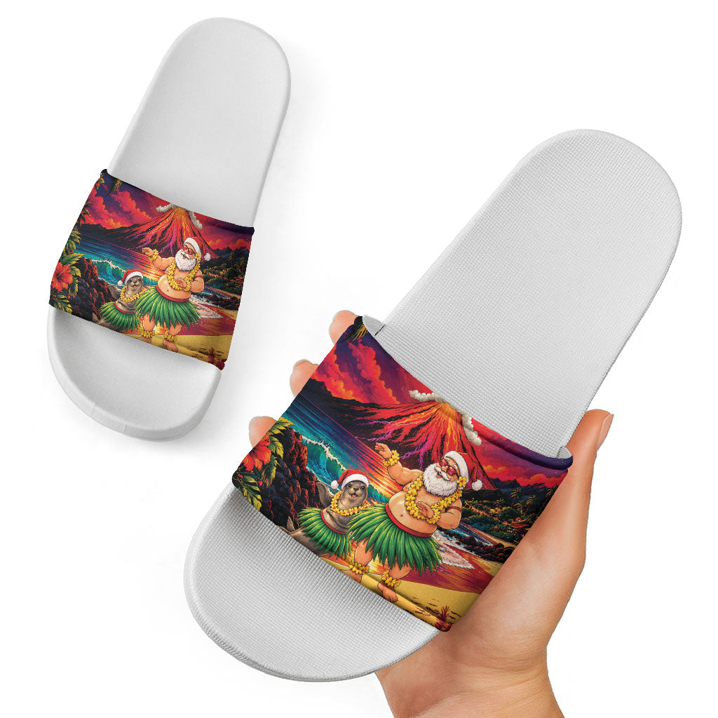 Hawaii Volcano Christmas Slide Sandals Hula Santa And Monk Seal LT05 - Polynesian Pride