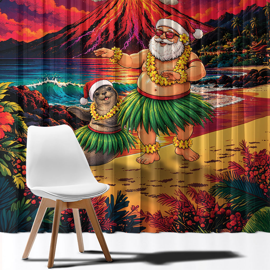 Hawaii Volcano Christmas Window Curtain Hula Santa And Monk Seal LT05 - Polynesian Pride