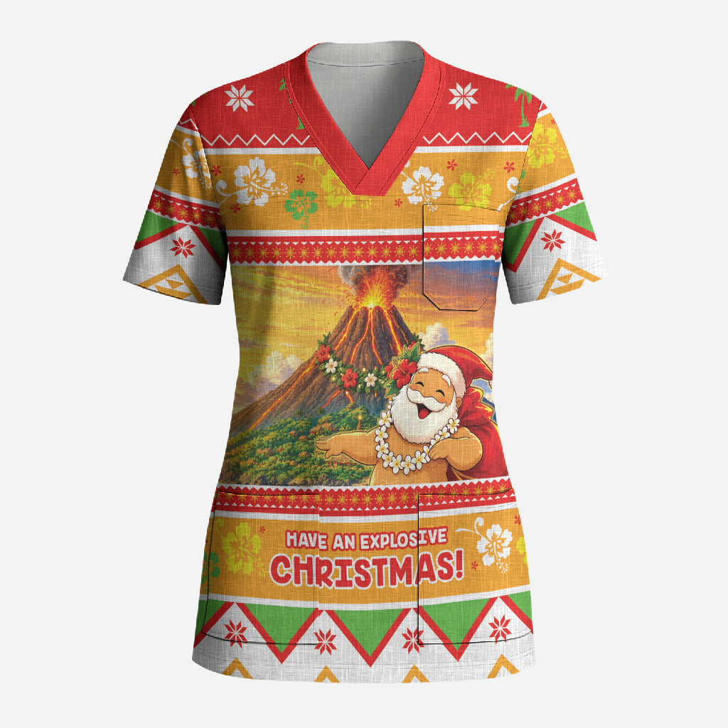 Hawaii Volcano Christmas Scrub Top Have An Explosive Christmas LT05 Adult Red - Polynesian Pride