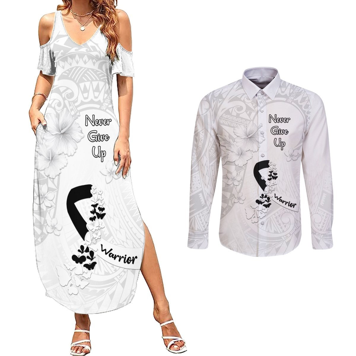 Lung Cancer Awareness Couples Matching Summer Maxi Dress and Long Sleeve Button Shirt Never Give Up Polynesian Style LT05 White - Polynesian Pride