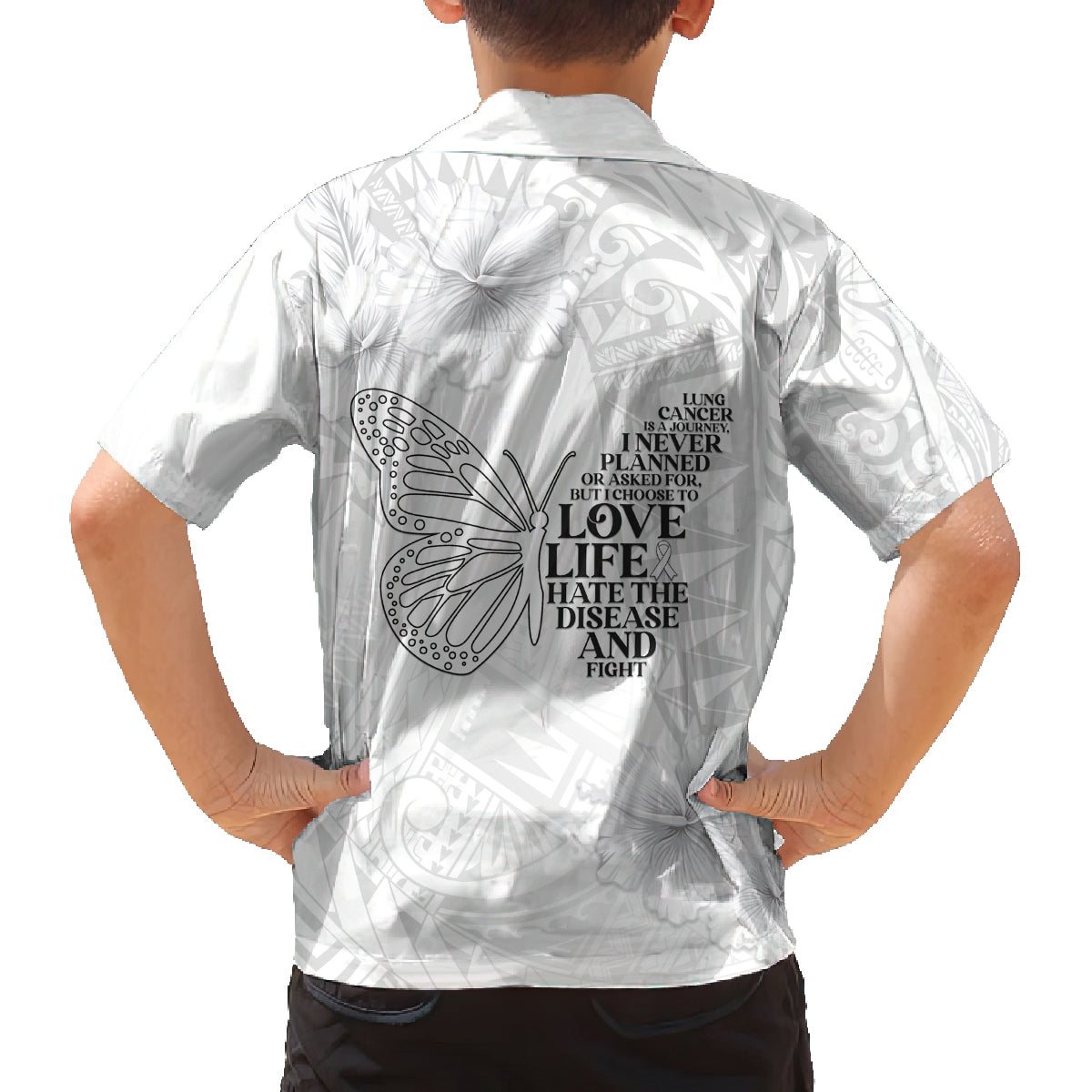 Lung Cancer Awareness Family Matching Off Shoulder Short Dress and Hawaiian Shirt Never Give Up Polynesian Style LT05 - Polynesian Pride