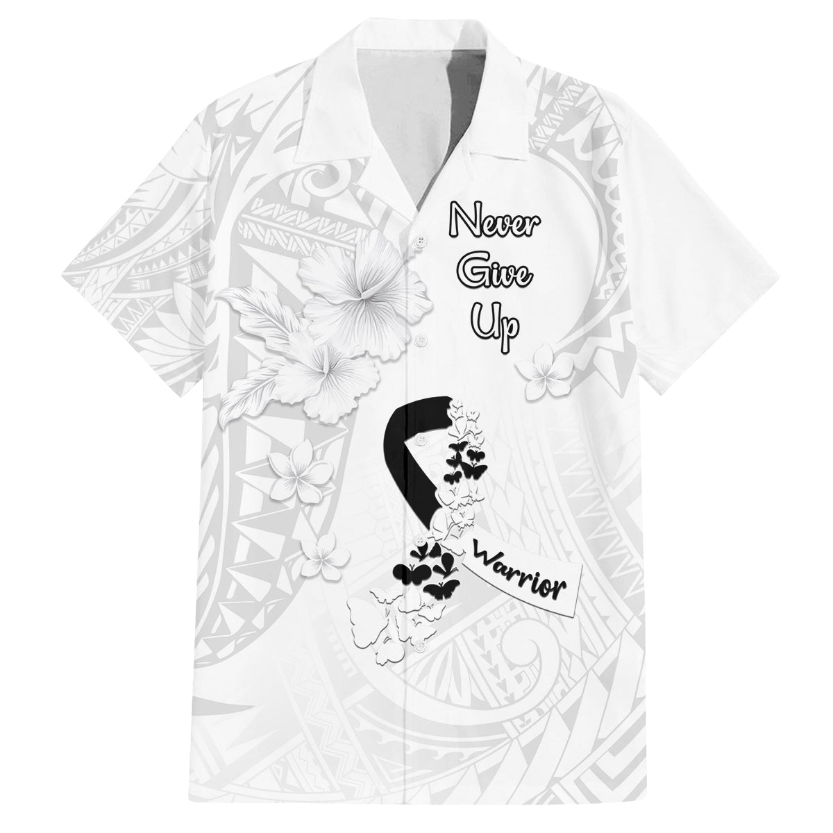 Lung Cancer Awareness Family Matching Summer Maxi Dress and Hawaiian Shirt Never Give Up Polynesian Style LT05 Dad's Shirt - Short Sleeve White - Polynesian Pride