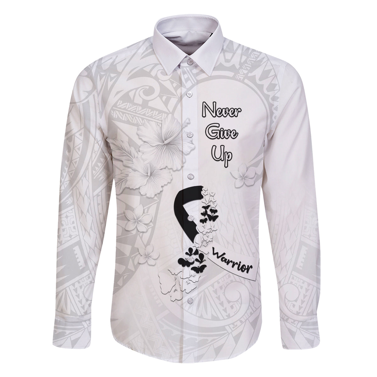 Lung Cancer Awareness Family Matching Tank Maxi Dress and Hawaiian Shirt Never Give Up Polynesian Style LT05 Dad's Shirt - Long Sleeve White - Polynesian Pride