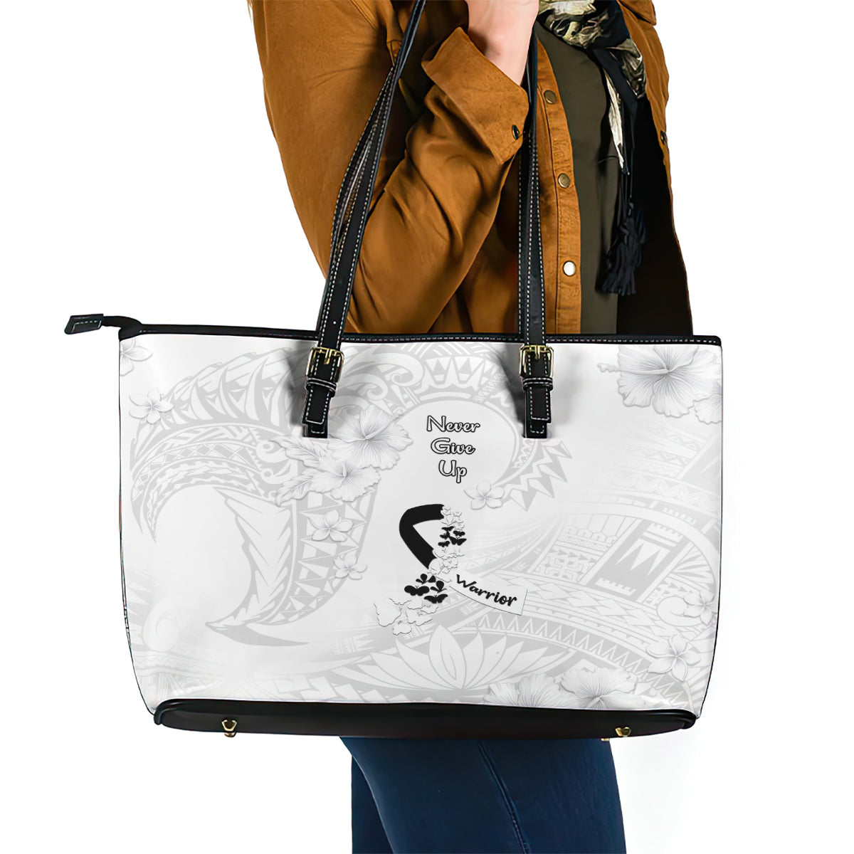 Lung Cancer Awareness Leather Tote Bag Never Give Up Polynesian Style LT05 - Polynesian Pride