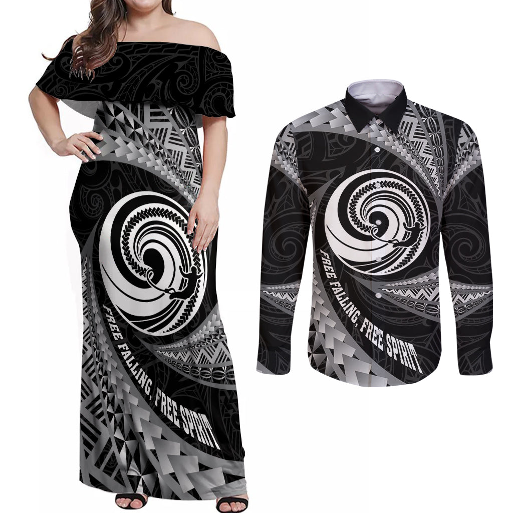 Personalised New Zealand Bungy Jumping Couples Matching Off Shoulder Maxi Dress and Long Sleeve Button Shirt Maori Pattern LT05 Black - Polynesian Pride