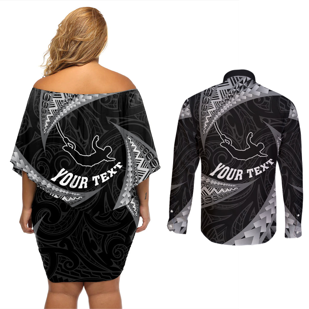 Personalised New Zealand Bungy Jumping Couples Matching Off Shoulder Short Dress and Long Sleeve Button Shirt Maori Pattern LT05 - Polynesian Pride