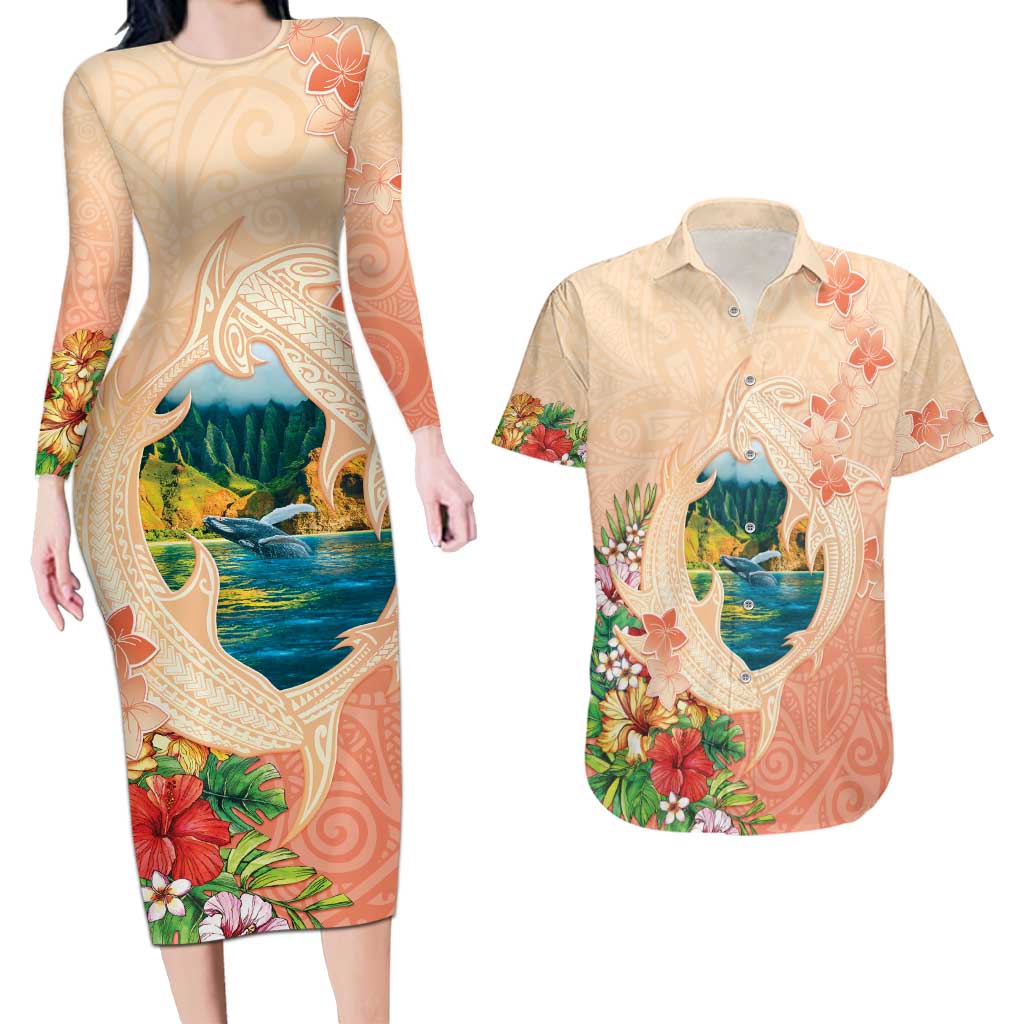 Hawaii Kauai Na Pali Coast Landscape Couples Matching Long Sleeve Bodycon Dress and Hawaiian Shirt LT05 Peach - Polynesian Pride