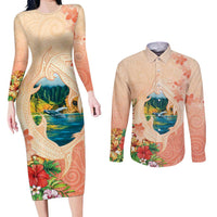 Hawaii Kauai Na Pali Coast Landscape Couples Matching Long Sleeve Bodycon Dress and Long Sleeve Button Shirt LT05 Peach - Polynesian Pride