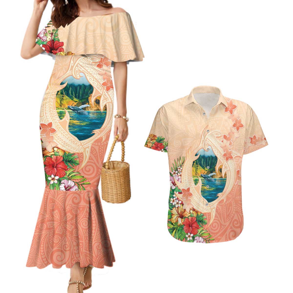 Hawaii Kauai Na Pali Coast Landscape Couples Matching Mermaid Dress and Hawaiian Shirt LT05 Peach - Polynesian Pride