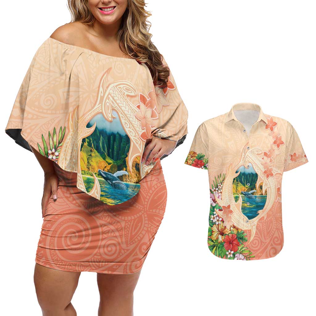 Hawaii Kauai Na Pali Coast Landscape Couples Matching Off Shoulder Short Dress and Hawaiian Shirt LT05 Peach - Polynesian Pride