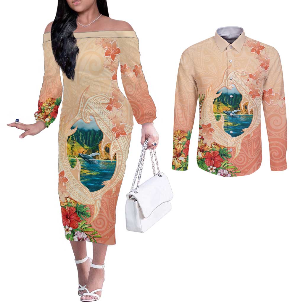 Hawaii Kauai Na Pali Coast Landscape Couples Matching Off The Shoulder Long Sleeve Dress and Long Sleeve Button Shirt LT05 Peach - Polynesian Pride