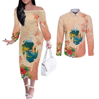 Hawaii Kauai Na Pali Coast Landscape Couples Matching Off The Shoulder Long Sleeve Dress and Long Sleeve Button Shirt LT05 Peach - Polynesian Pride