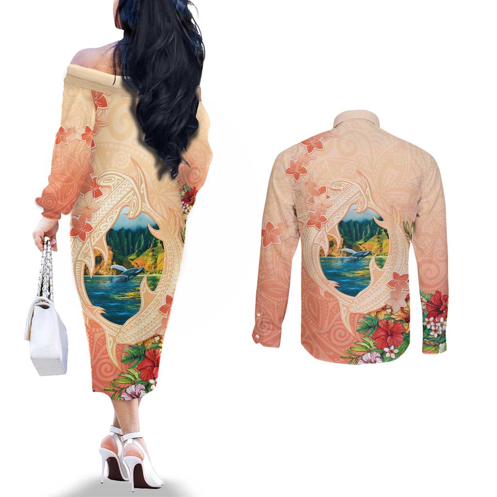 Hawaii Kauai Na Pali Coast Landscape Couples Matching Off The Shoulder Long Sleeve Dress and Long Sleeve Button Shirt LT05 - Polynesian Pride