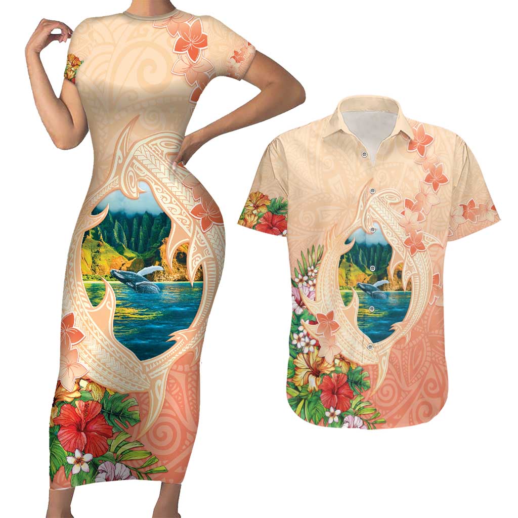 Hawaii Kauai Na Pali Coast Landscape Couples Matching Short Sleeve Bodycon Dress and Hawaiian Shirt LT05 Peach - Polynesian Pride