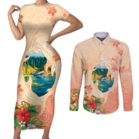 Hawaii Kauai Na Pali Coast Landscape Couples Matching Short Sleeve Bodycon Dress and Long Sleeve Button Shirt LT05 Peach - Polynesian Pride