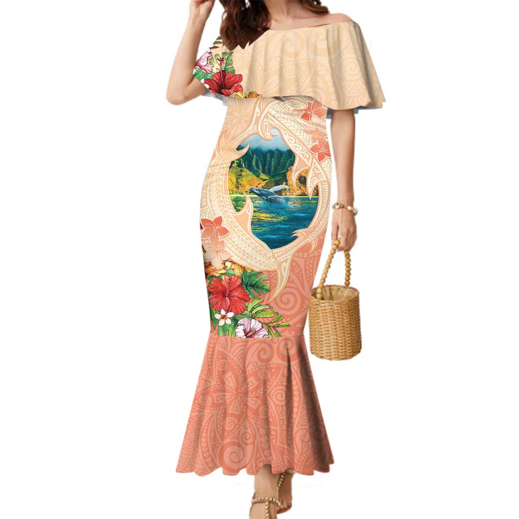 Hawaii Kauai Na Pali Coast Landscape Family Matching Mermaid Dress and Hawaiian Shirt LT05 Mom's Dress Peach - Polynesian Pride