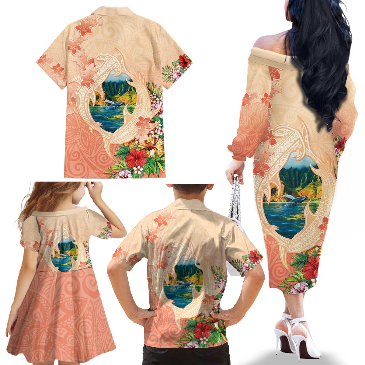 Hawaii Kauai Na Pali Coast Landscape Family Matching Off The Shoulder Long Sleeve Dress and Hawaiian Shirt LT05 - Polynesian Pride