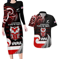 Aotearoa Toitu He Whakaputanga Couples Matching Long Sleeve Bodycon Dress and Hawaiian Shirt Toitu Te Tiriti O Waitangi LT05 Black - Polynesian Pride