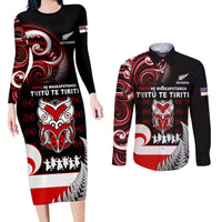 Aotearoa Toitu He Whakaputanga Couples Matching Long Sleeve Bodycon Dress and Long Sleeve Button Shirt Toitu Te Tiriti O Waitangi LT05 Black - Polynesian Pride