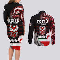 Aotearoa Toitu He Whakaputanga Couples Matching Long Sleeve Bodycon Dress and Long Sleeve Button Shirt Toitu Te Tiriti O Waitangi LT05 - Polynesian Pride