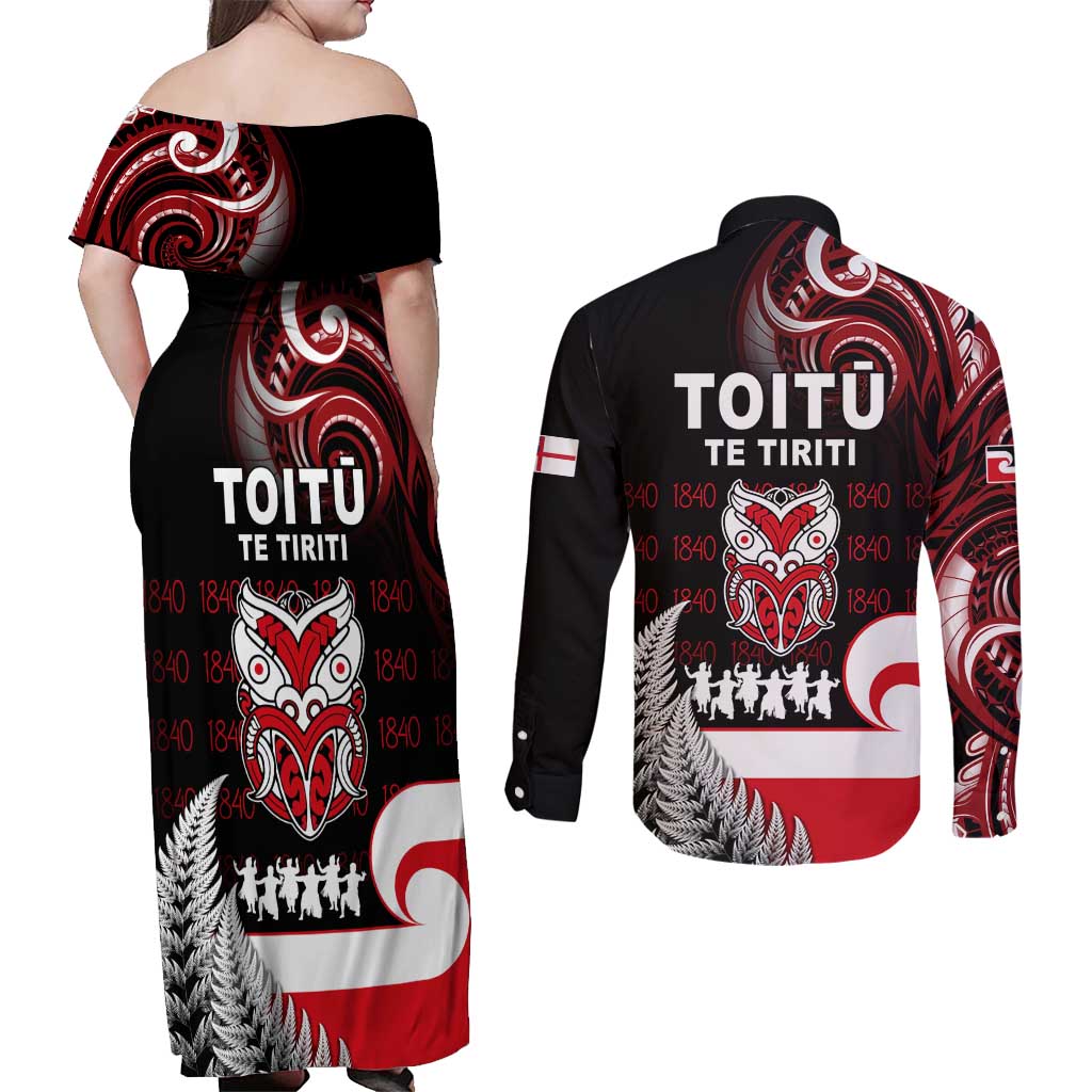 Aotearoa Toitu He Whakaputanga Couples Matching Off Shoulder Maxi Dress and Long Sleeve Button Shirt Toitu Te Tiriti O Waitangi LT05 - Polynesian Pride