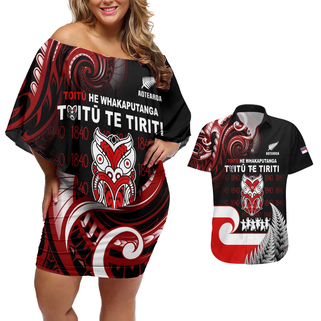 Aotearoa Toitu He Whakaputanga Couples Matching Off Shoulder Short Dress and Hawaiian Shirt Toitu Te Tiriti O Waitangi LT05 Black - Polynesian Pride