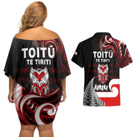 Aotearoa Toitu He Whakaputanga Couples Matching Off Shoulder Short Dress and Hawaiian Shirt Toitu Te Tiriti O Waitangi LT05 - Polynesian Pride