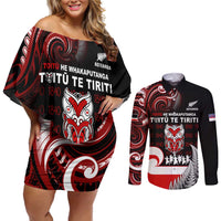 Aotearoa Toitu He Whakaputanga Couples Matching Off Shoulder Short Dress and Long Sleeve Button Shirt Toitu Te Tiriti O Waitangi LT05 Black - Polynesian Pride