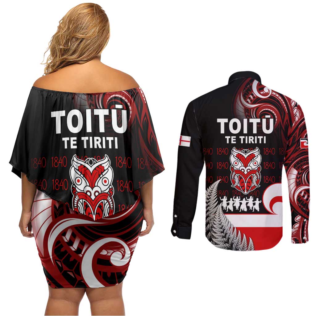 Aotearoa Toitu He Whakaputanga Couples Matching Off Shoulder Short Dress and Long Sleeve Button Shirt Toitu Te Tiriti O Waitangi LT05 - Polynesian Pride