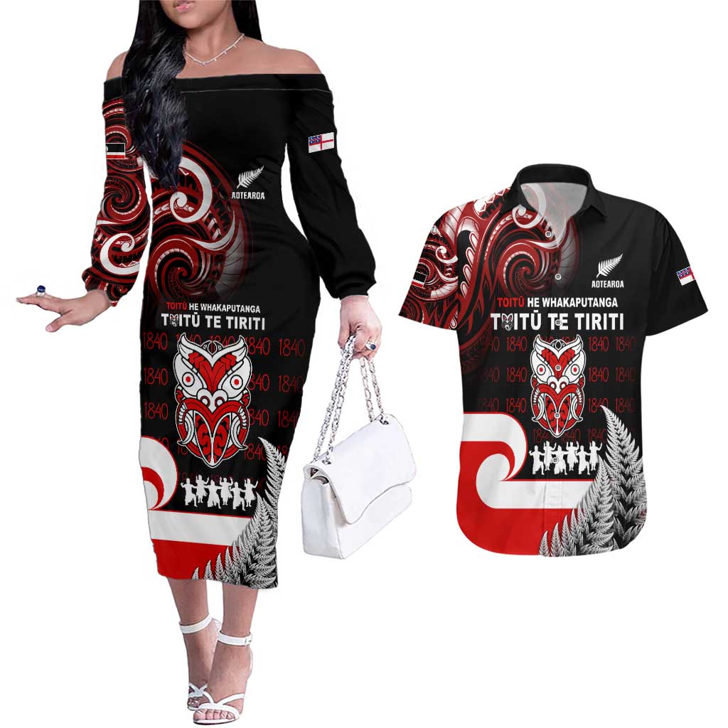 Aotearoa Toitu He Whakaputanga Couples Matching Off The Shoulder Long Sleeve Dress and Hawaiian Shirt Toitu Te Tiriti O Waitangi LT05 Black - Polynesian Pride