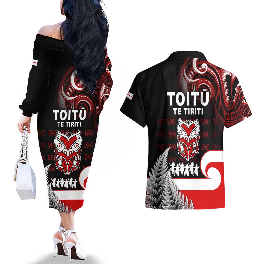 Aotearoa Toitu He Whakaputanga Couples Matching Off The Shoulder Long Sleeve Dress and Hawaiian Shirt Toitu Te Tiriti O Waitangi LT05 - Polynesian Pride