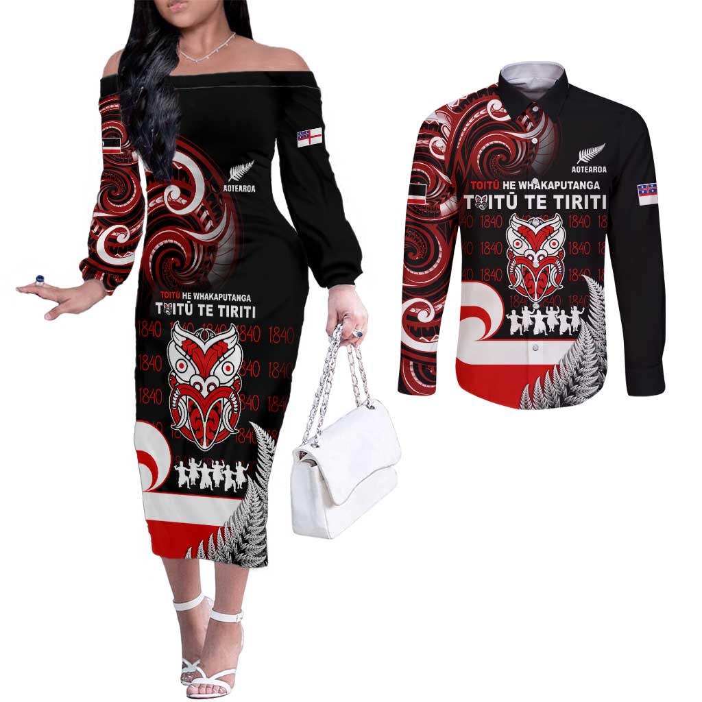 Aotearoa Toitu He Whakaputanga Couples Matching Off The Shoulder Long Sleeve Dress and Long Sleeve Button Shirt Toitu Te Tiriti O Waitangi LT05 Black - Polynesian Pride