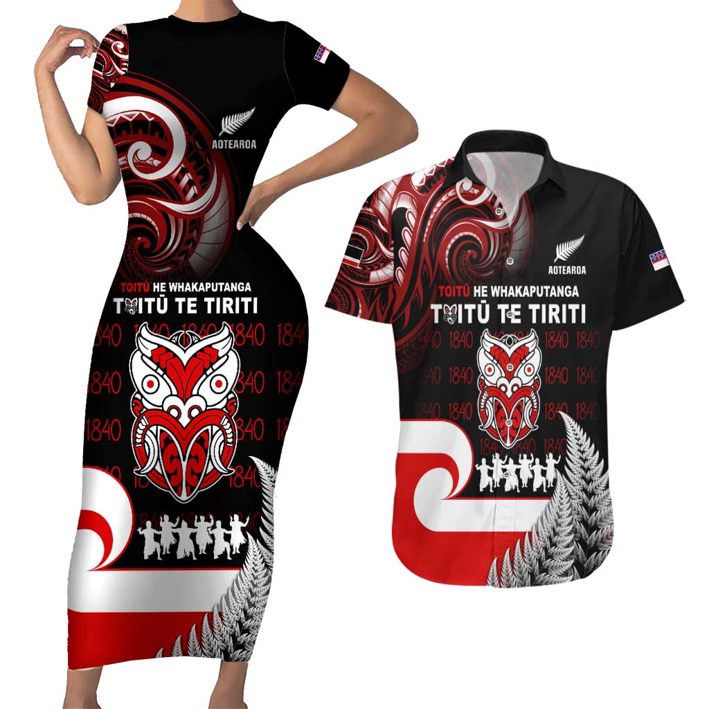 Aotearoa Toitu He Whakaputanga Couples Matching Short Sleeve Bodycon Dress and Hawaiian Shirt Toitu Te Tiriti O Waitangi LT05 Black - Polynesian Pride