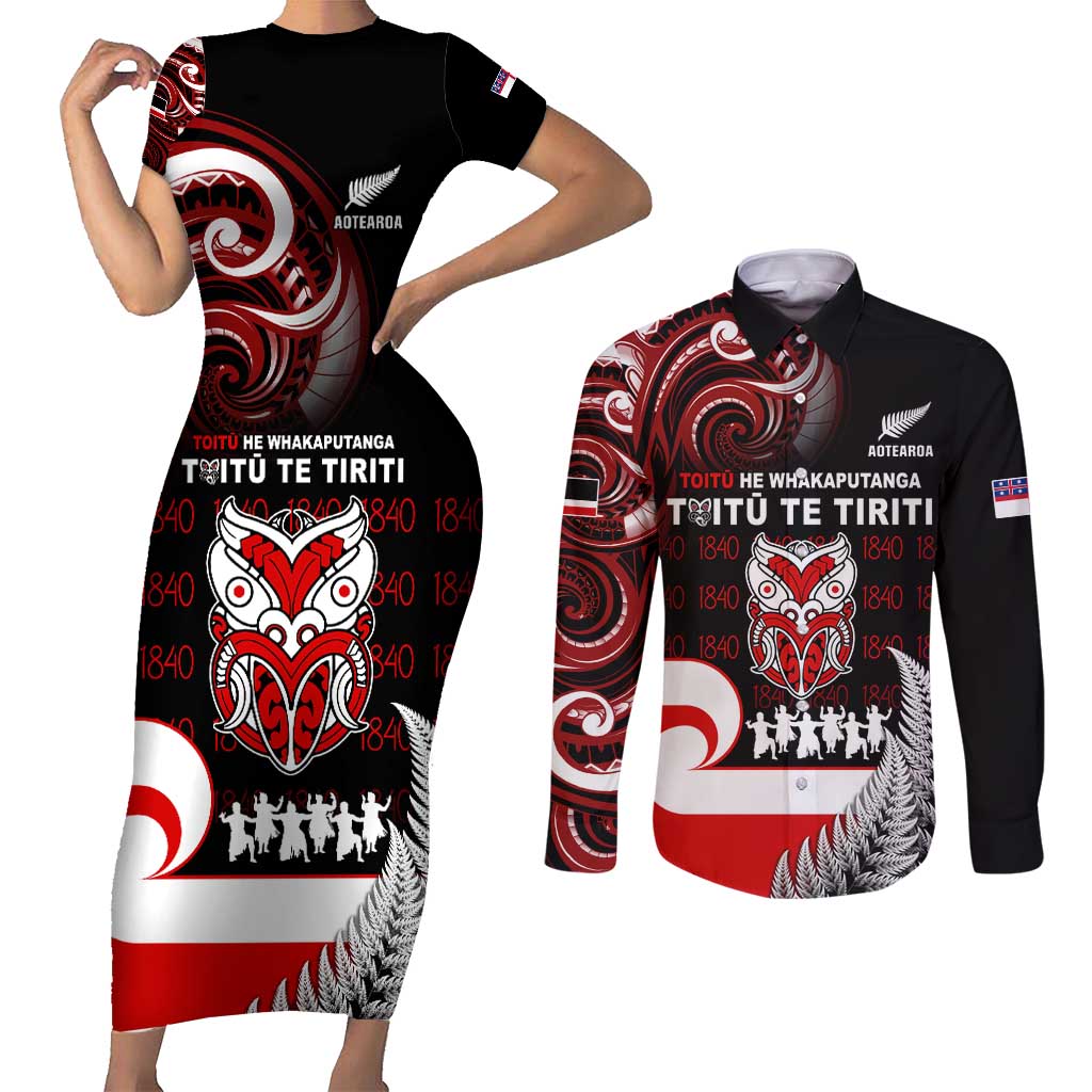 Aotearoa Toitu He Whakaputanga Couples Matching Short Sleeve Bodycon Dress and Long Sleeve Button Shirt Toitu Te Tiriti O Waitangi LT05 Black - Polynesian Pride