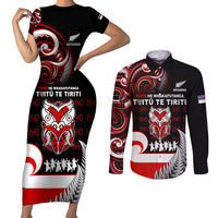 Aotearoa Toitu He Whakaputanga Couples Matching Short Sleeve Bodycon Dress and Long Sleeve Button Shirt Toitu Te Tiriti O Waitangi LT05 Black - Polynesian Pride